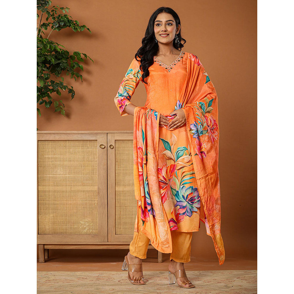 Yufta Muslin Orange Kurta with Dupatta and Pant (Set of 3)