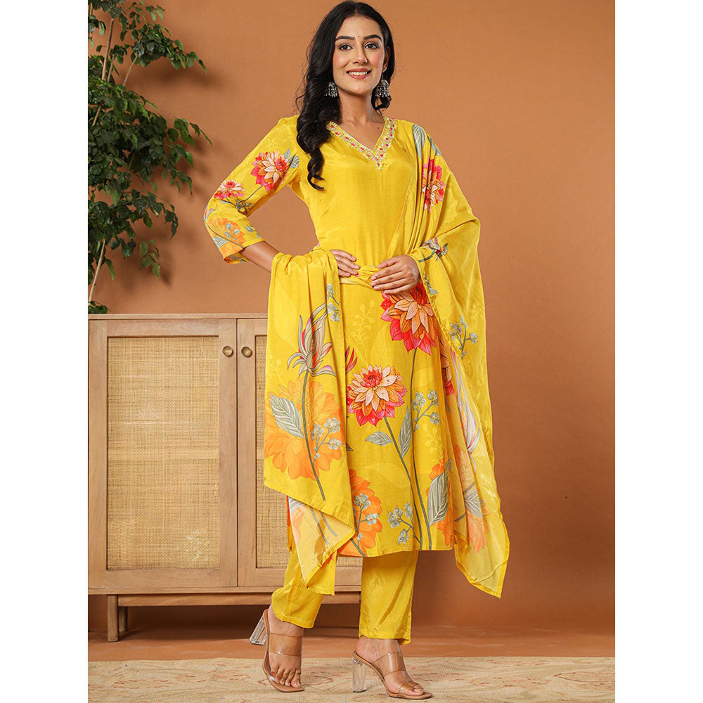 Yufta Mustard Muslin Hand Embroidery V Neck Kurta with Dupatta and Pant (Set of 3)