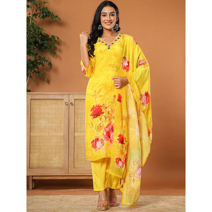 Yufta Muslin Mustard Kurta with Dupatta and Pant (Set of 3)