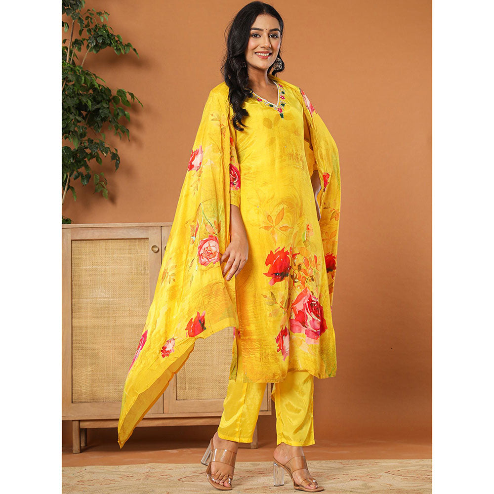 Yufta Muslin Mustard Kurta with Dupatta and Pant (Set of 3)