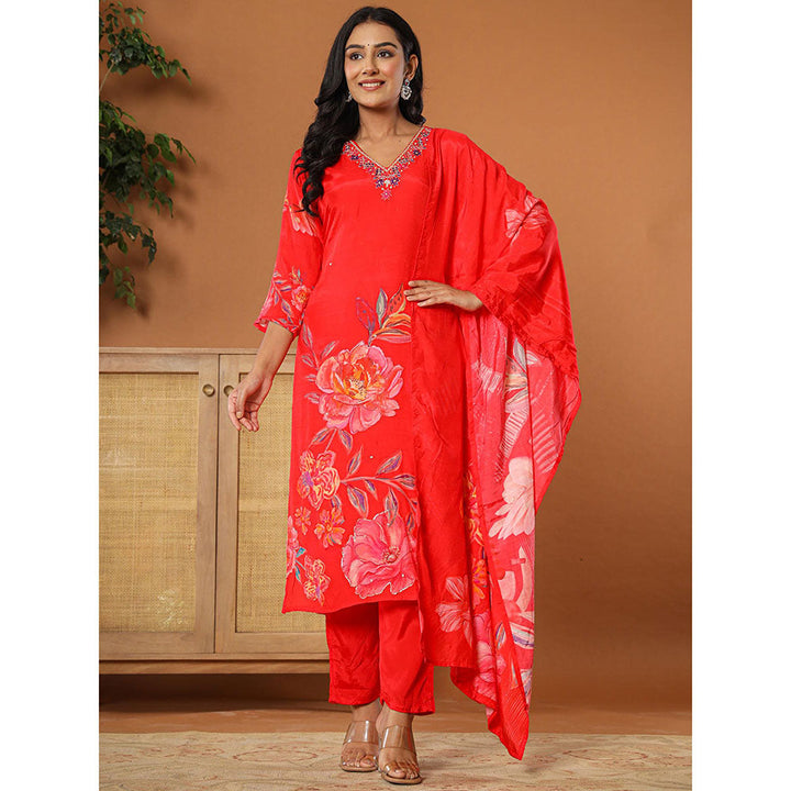 Yufta Muslin Red Kurta with Dupatta and Pant (Set of 3)