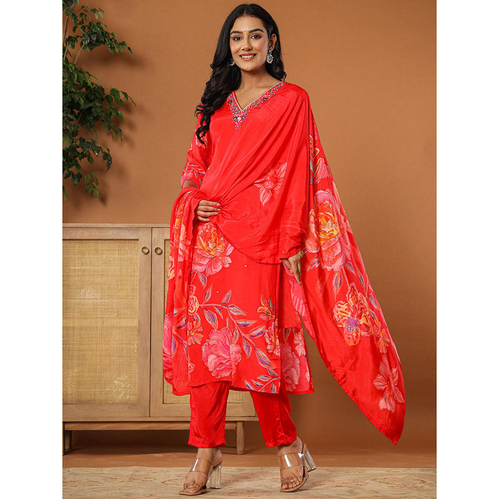 Yufta Muslin Red Kurta with Dupatta and Pant (Set of 3)