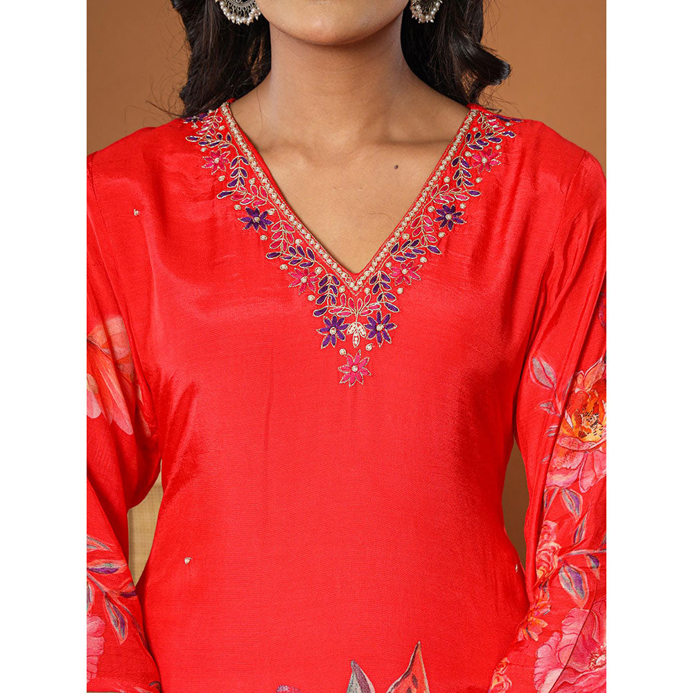 Yufta Muslin Red Kurta with Dupatta and Pant (Set of 3)