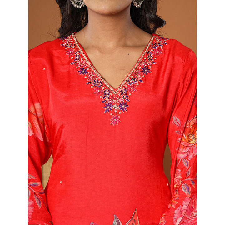 Yufta Muslin Red Kurta with Dupatta and Pant (Set of 3)