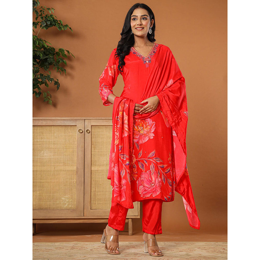 Yufta Muslin Red Kurta with Dupatta and Pant (Set of 3)