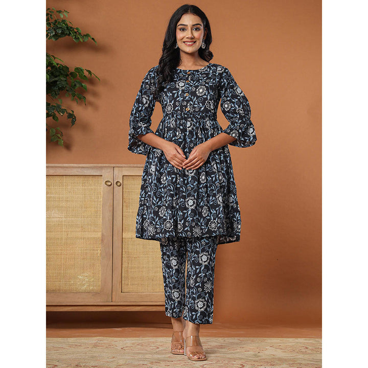 Yufta Black Cotton Maternity Peplum Kurta with Pant (Set of 2)