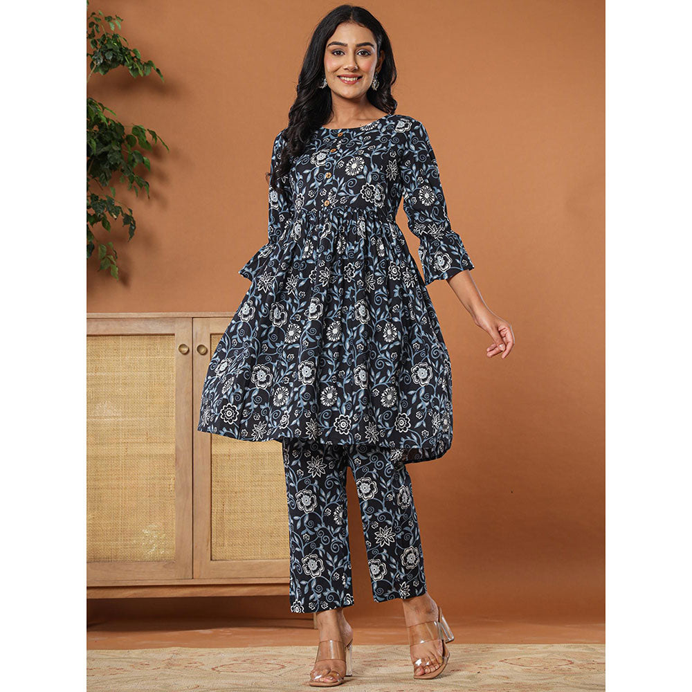 Yufta Black Cotton Maternity Peplum Kurta with Pant (Set of 2)