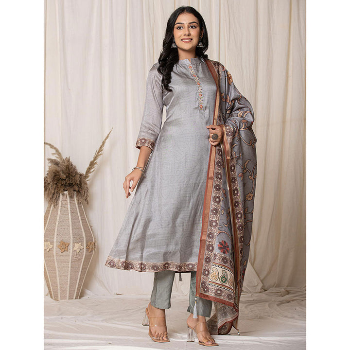 Yufta Tussar Silk Grey A Line Kurta with Pant & Dupatta (Set of 3)