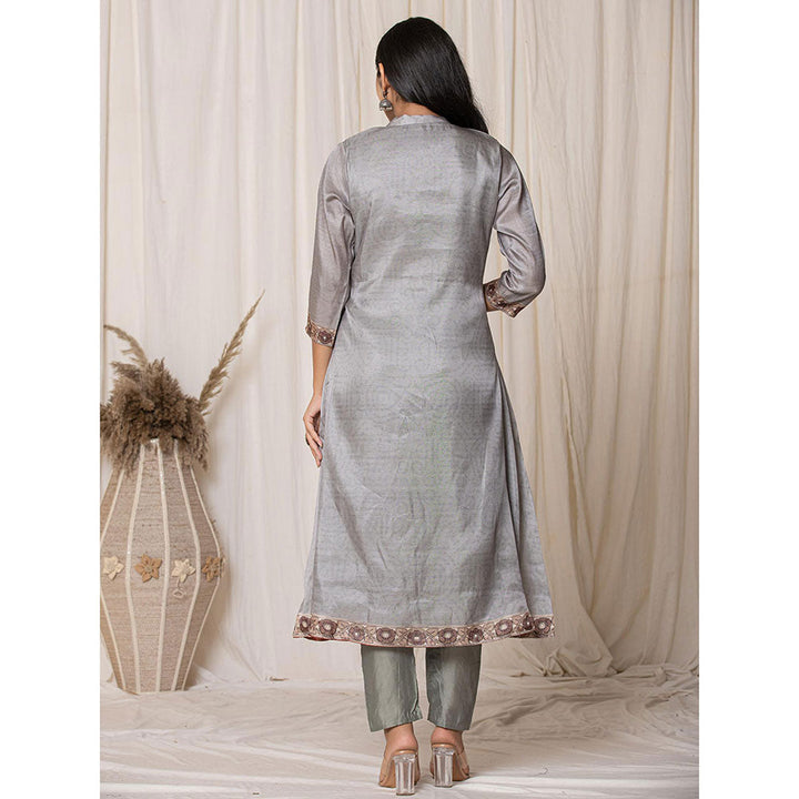 Yufta Tussar Silk Grey A Line Kurta with Pant & Dupatta (Set of 3)