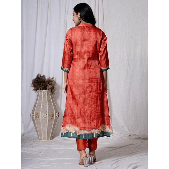 Yufta Tussar Silk Red A Line Kurta with Pant and Dupatta (Set of 3)