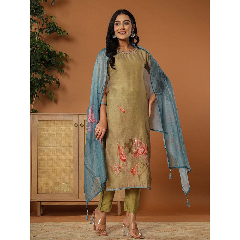 Yufta Chanderi Green Kurta with Pant and Dupatta (Set of 3)