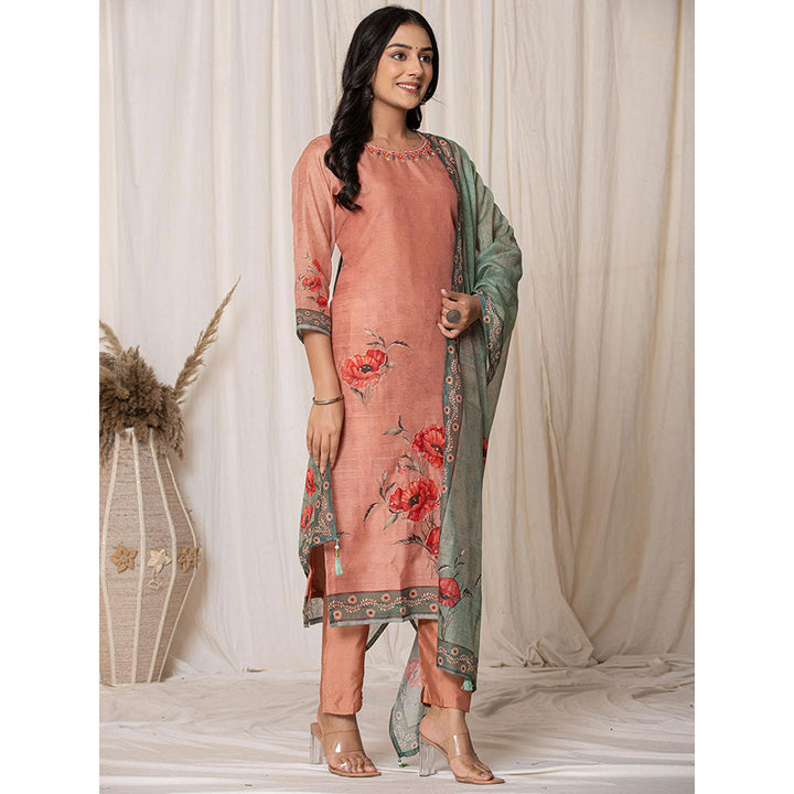 Yufta Chanderi Coral Kurta with Pant and Dupatta (Set of 3)