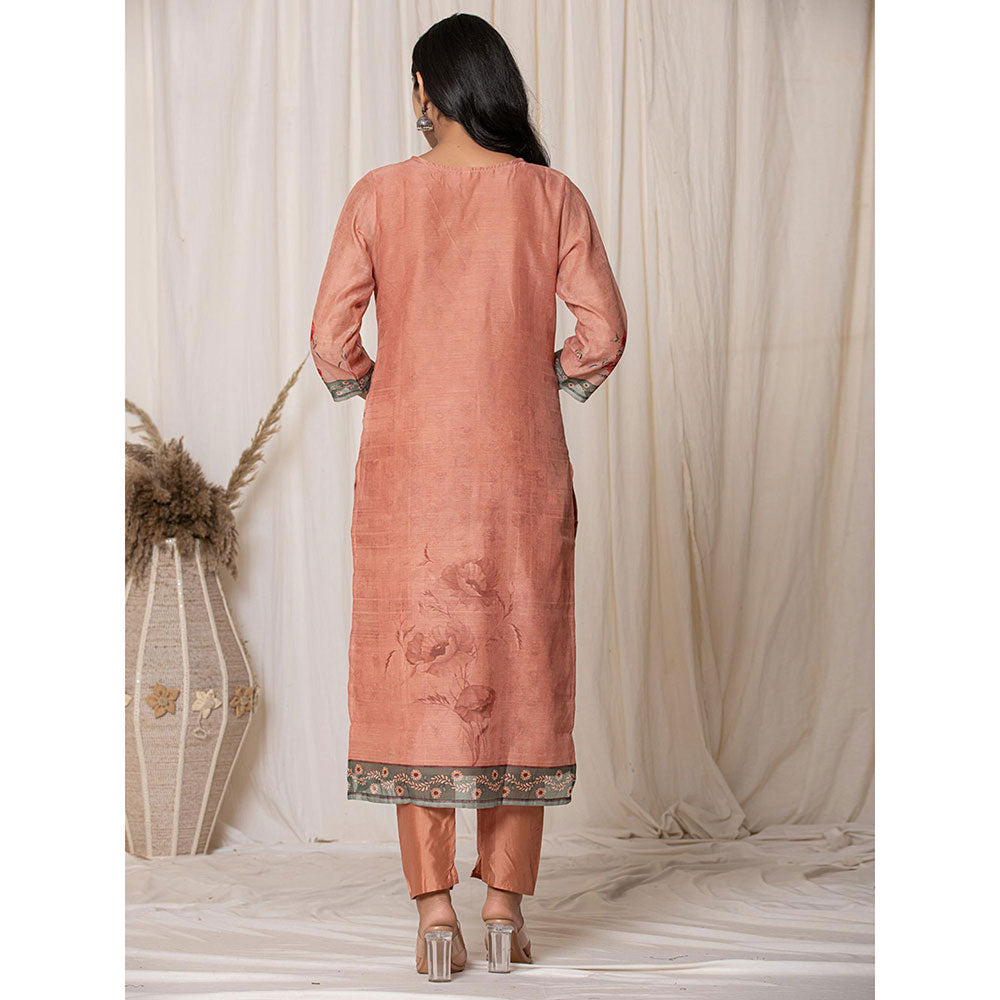 Yufta Chanderi Coral Kurta with Pant and Dupatta (Set of 3)