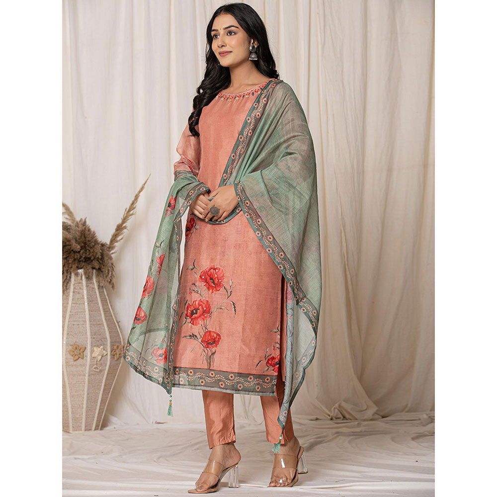 Yufta Chanderi Coral Kurta with Pant and Dupatta (Set of 3)