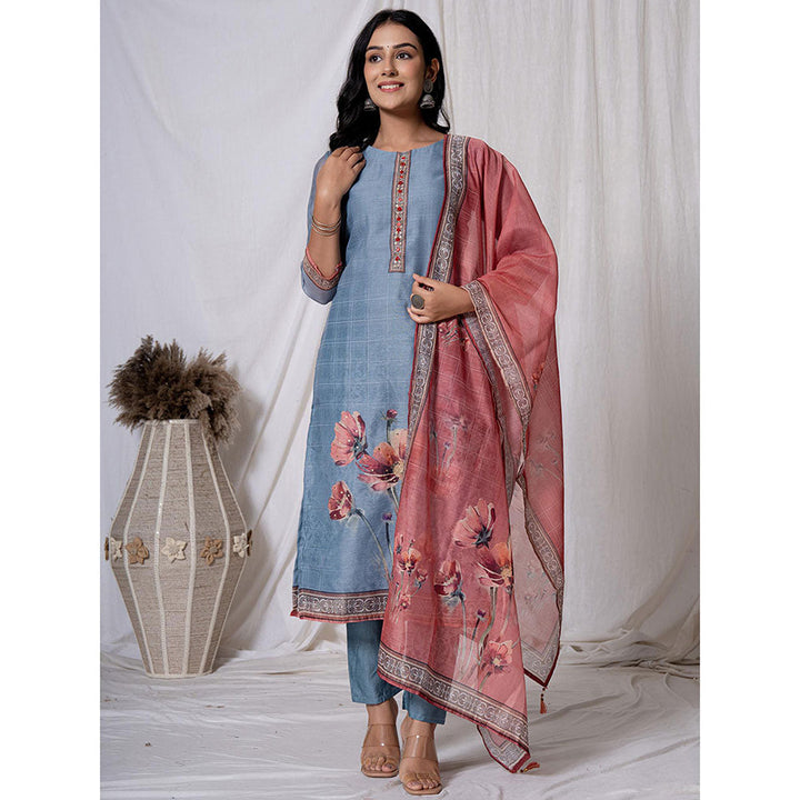 Yufta Chanderi Blue Kurta with Pant and Dupatta (Set of 3)