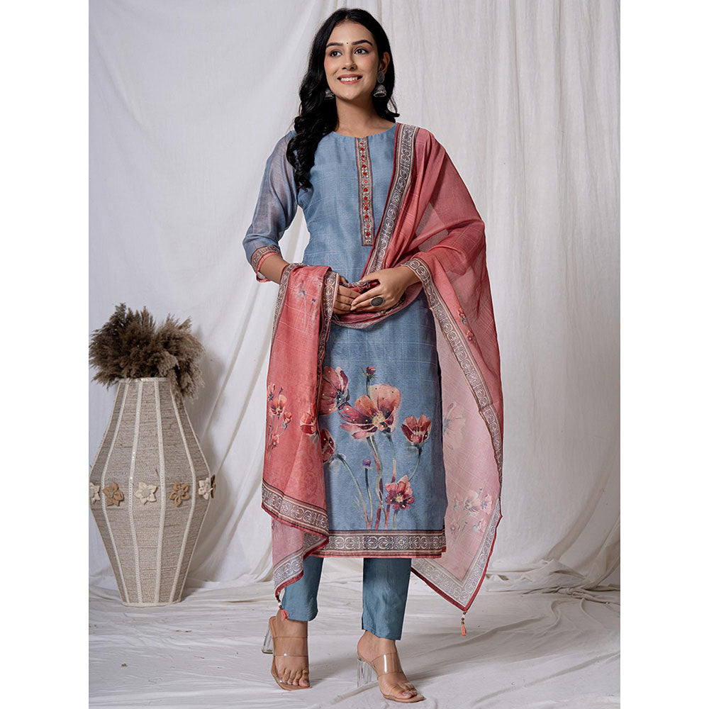 Yufta Chanderi Blue Kurta with Pant and Dupatta (Set of 3)