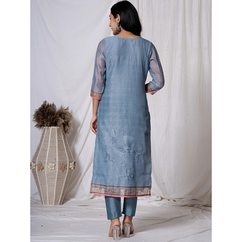 Yufta Chanderi Blue Kurta with Pant and Dupatta (Set of 3)