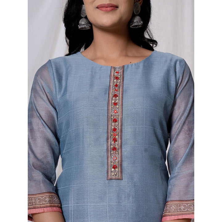 Yufta Chanderi Blue Kurta with Pant and Dupatta (Set of 3)