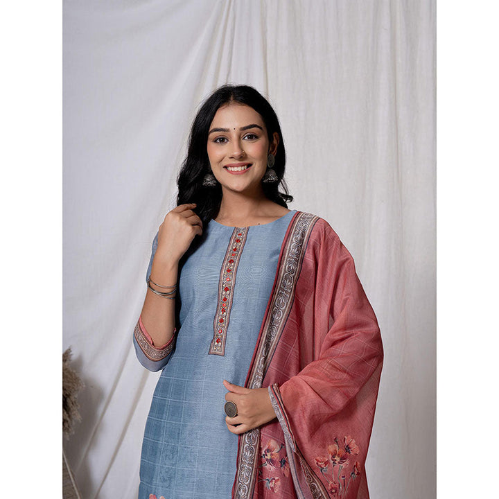 Yufta Chanderi Blue Kurta with Pant and Dupatta (Set of 3)