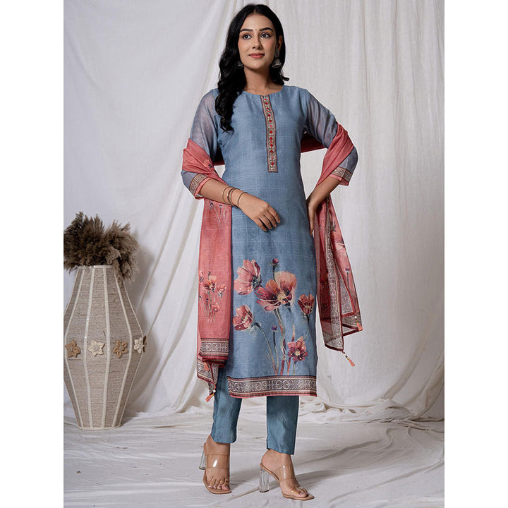 Yufta Chanderi Blue Kurta with Pant and Dupatta (Set of 3)