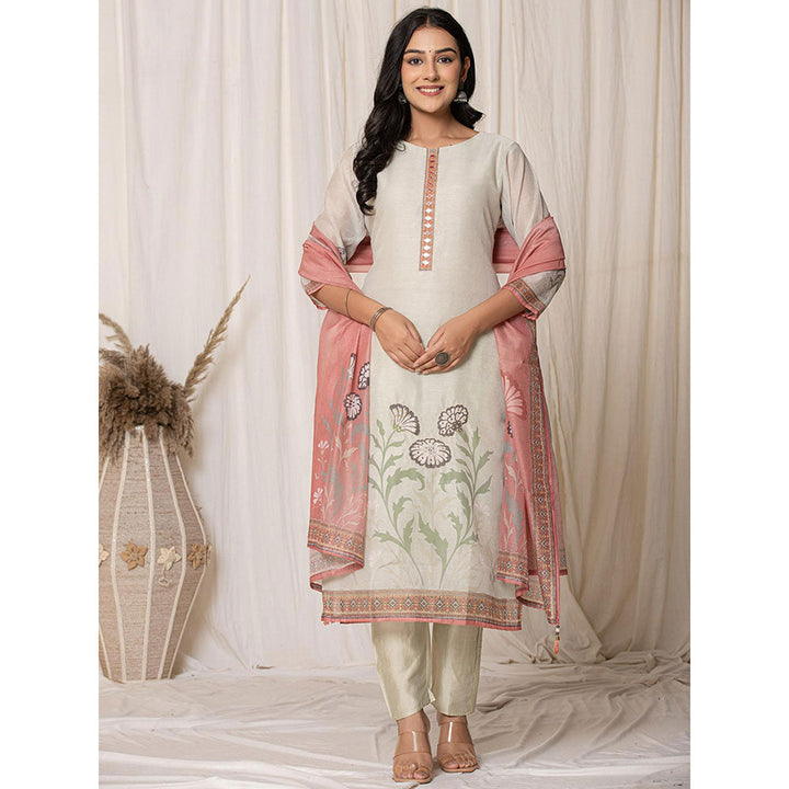 Yufta Chanderi Cream Kurta with Pant and Dupatta (Set of 3)