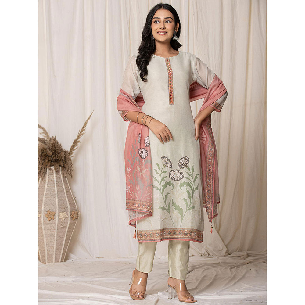 Yufta Chanderi Cream Kurta with Pant and Dupatta (Set of 3)