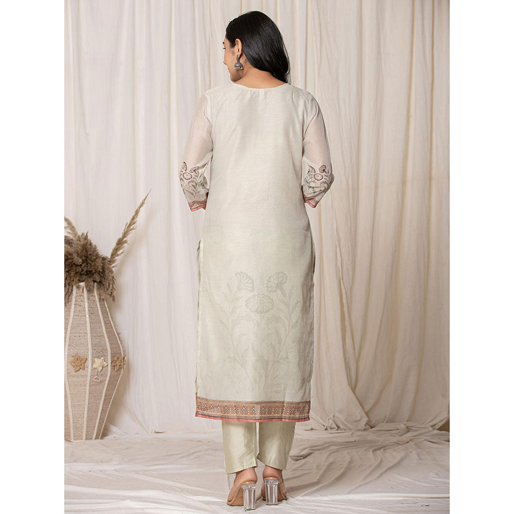 Yufta Chanderi Cream Kurta with Pant and Dupatta (Set of 3)