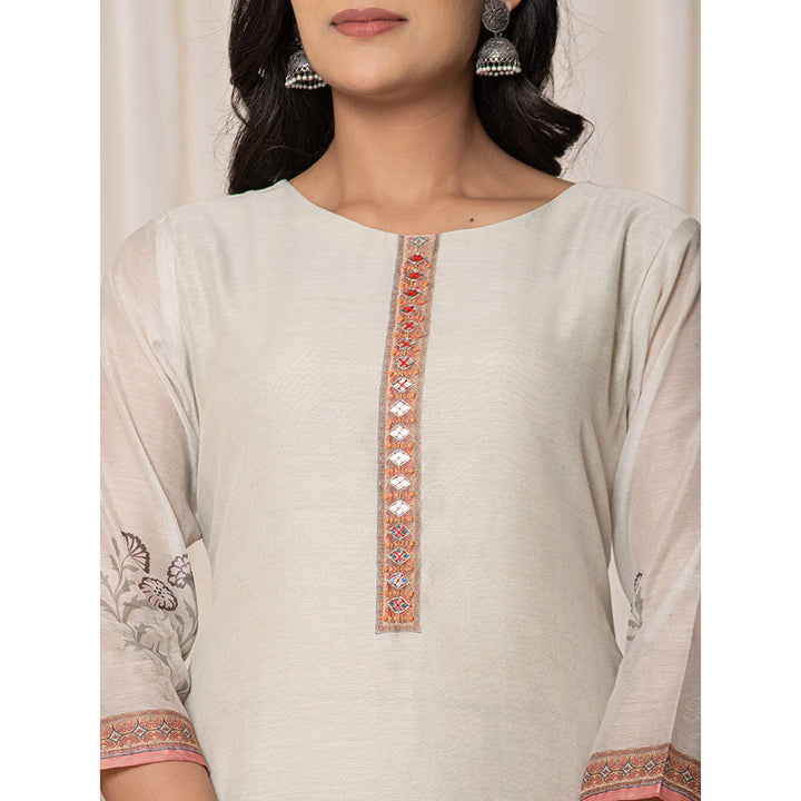 Yufta Chanderi Cream Kurta with Pant and Dupatta (Set of 3)