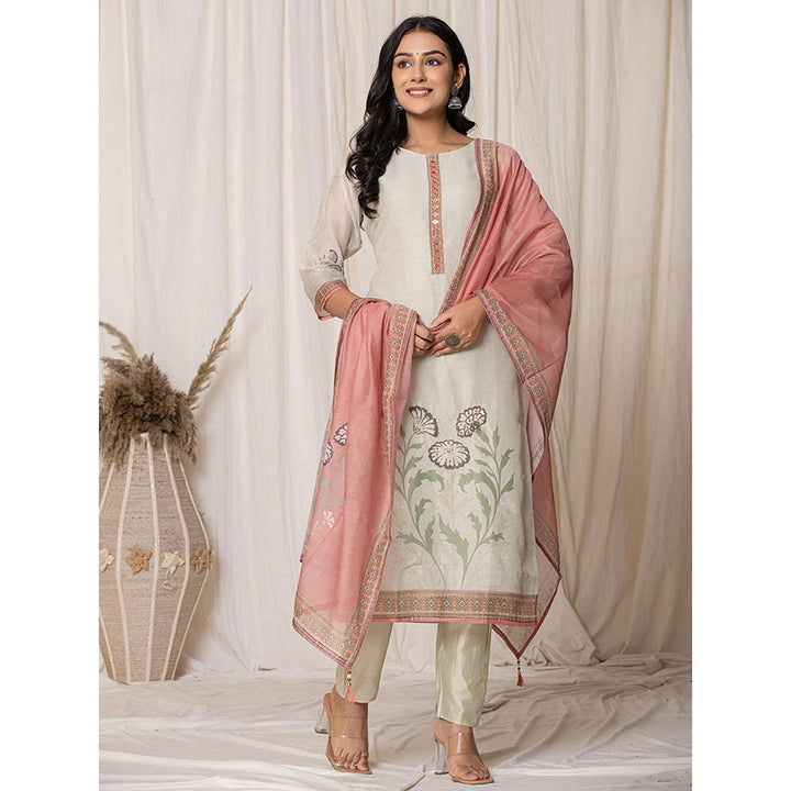 Yufta Chanderi Cream Kurta with Pant and Dupatta (Set of 3)