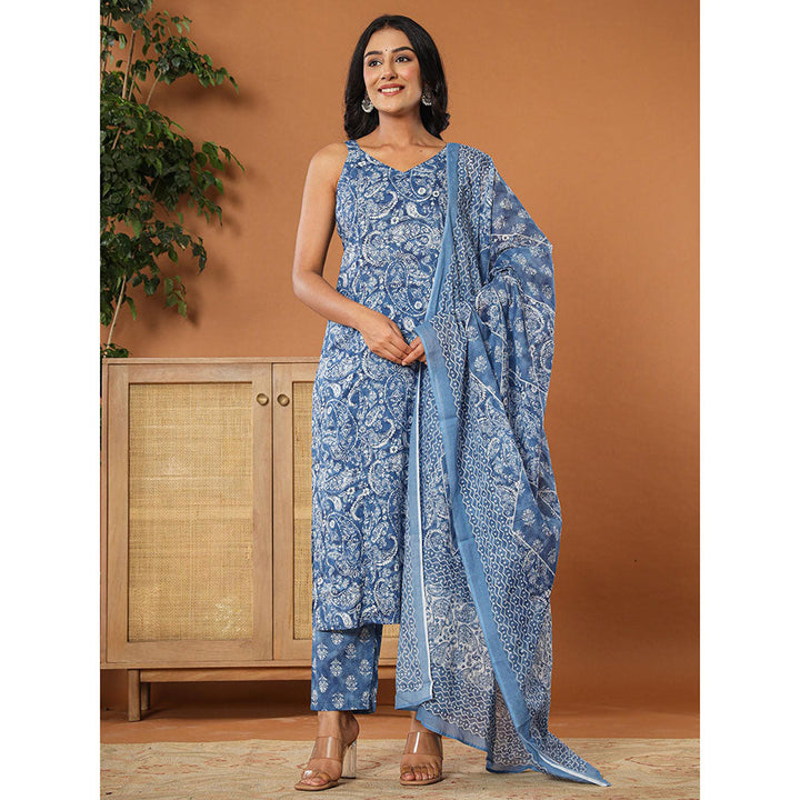 Yufta Blue Cotton Strappy Kurta with Pant and Dupatta (Set of 3)