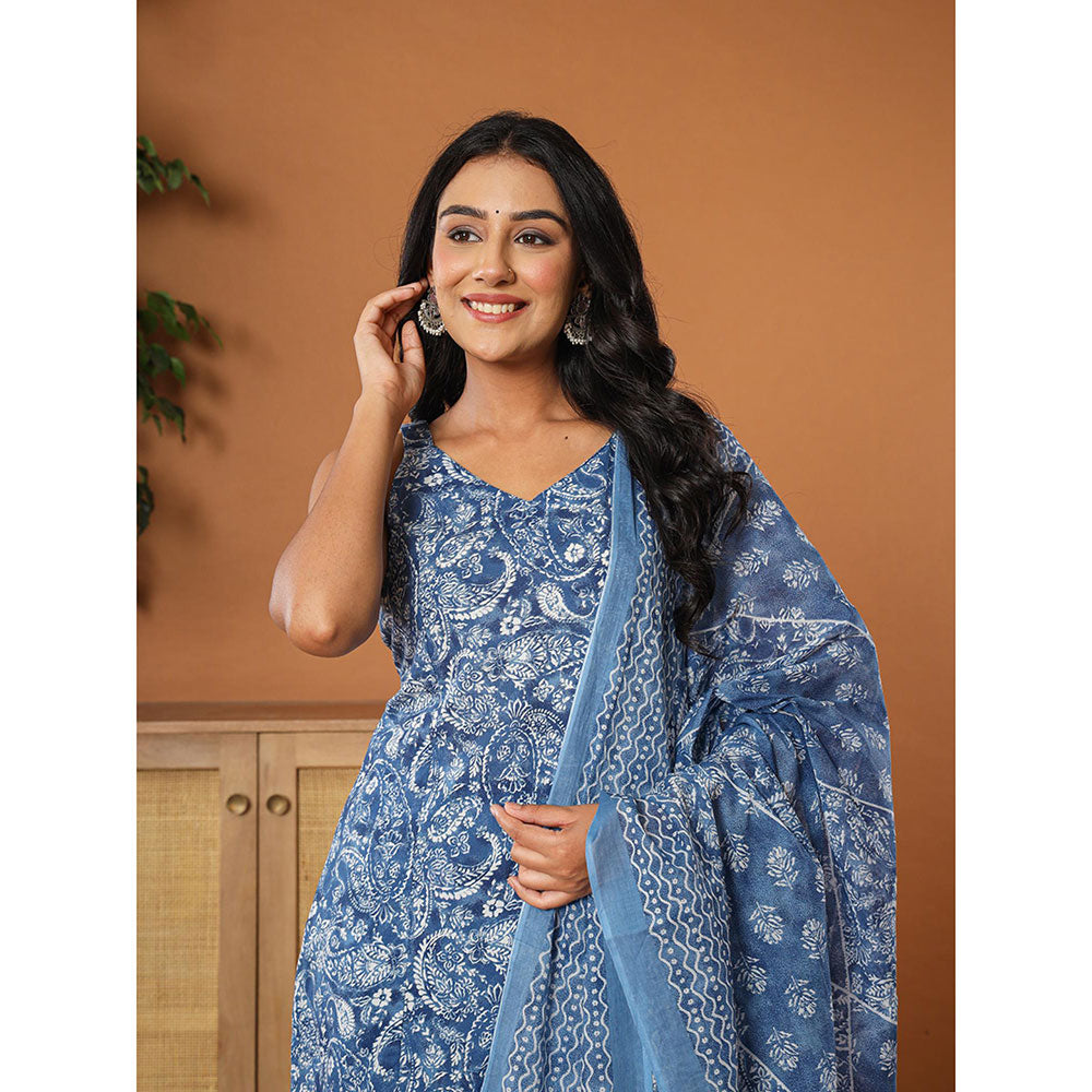 Yufta Blue Cotton Strappy Kurta with Pant and Dupatta (Set of 3)