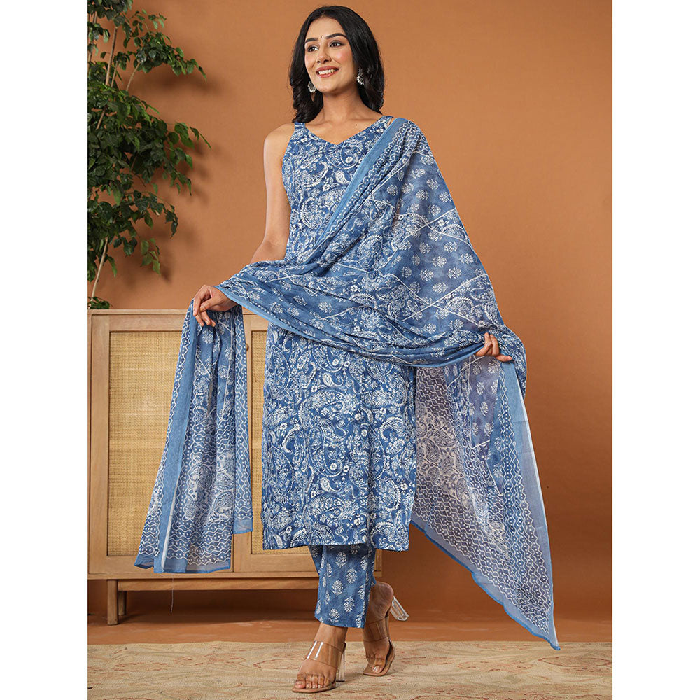 Yufta Blue Cotton Strappy Kurta with Pant and Dupatta (Set of 3)