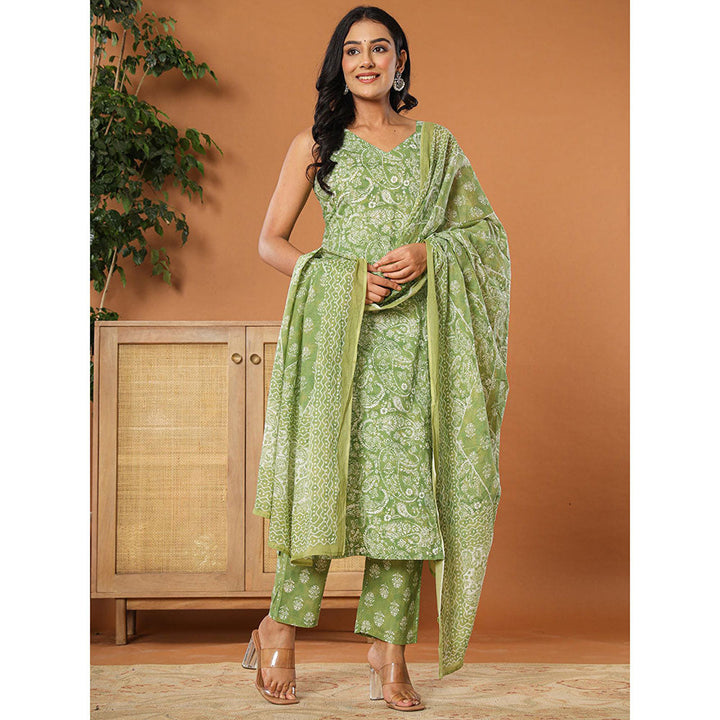 Yufta Green Cotton Strappy Kurta with Pant and Dupatta (Set of 3)