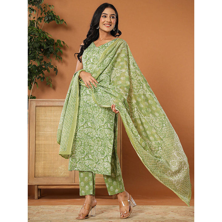 Yufta Green Cotton Strappy Kurta with Pant and Dupatta (Set of 3)