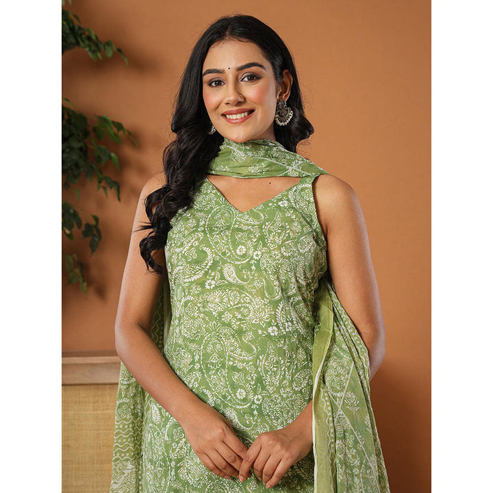 Yufta Green Cotton Strappy Kurta with Pant and Dupatta (Set of 3)