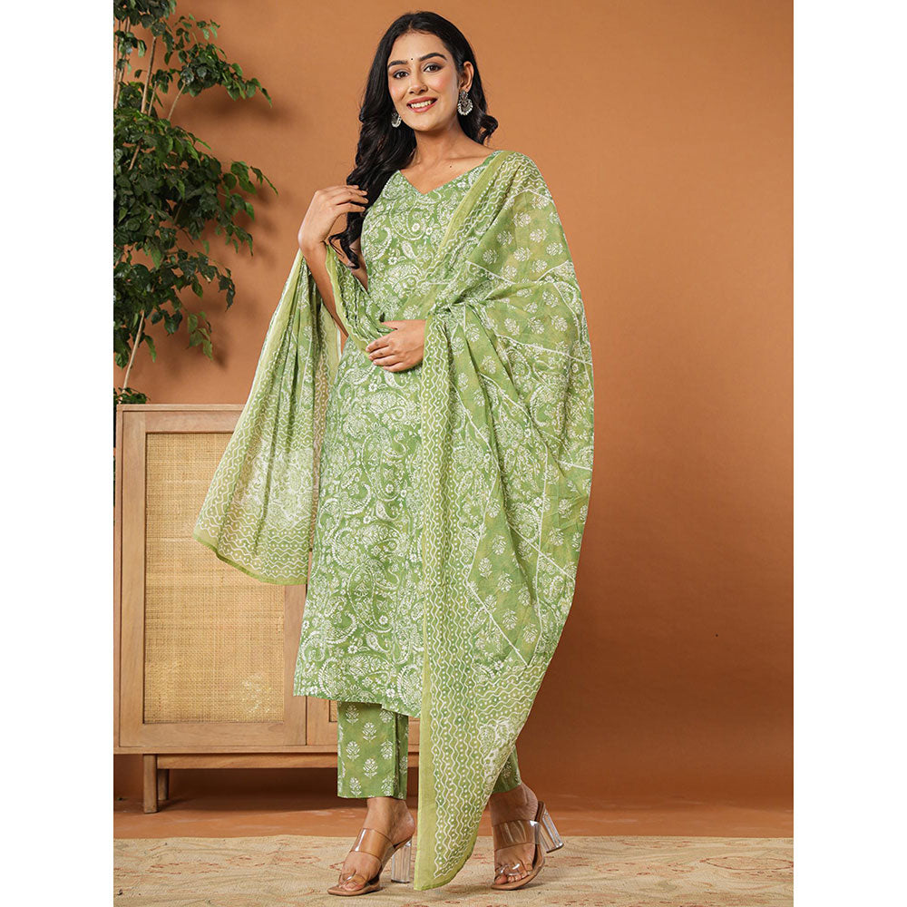 Yufta Green Cotton Strappy Kurta with Pant and Dupatta (Set of 3)