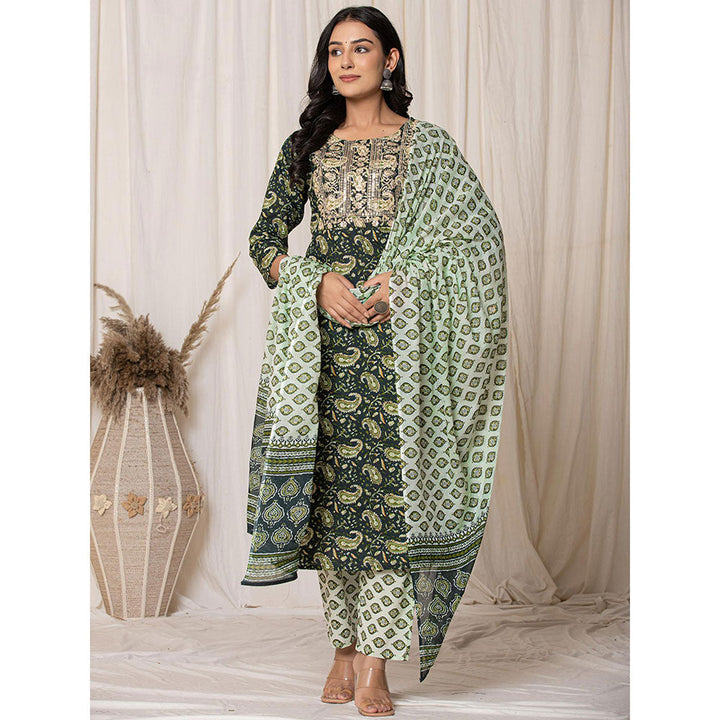 Yufta Green Paisley Pure Cotton Straight Kurta and Pant with Dupatta (Set of 3)