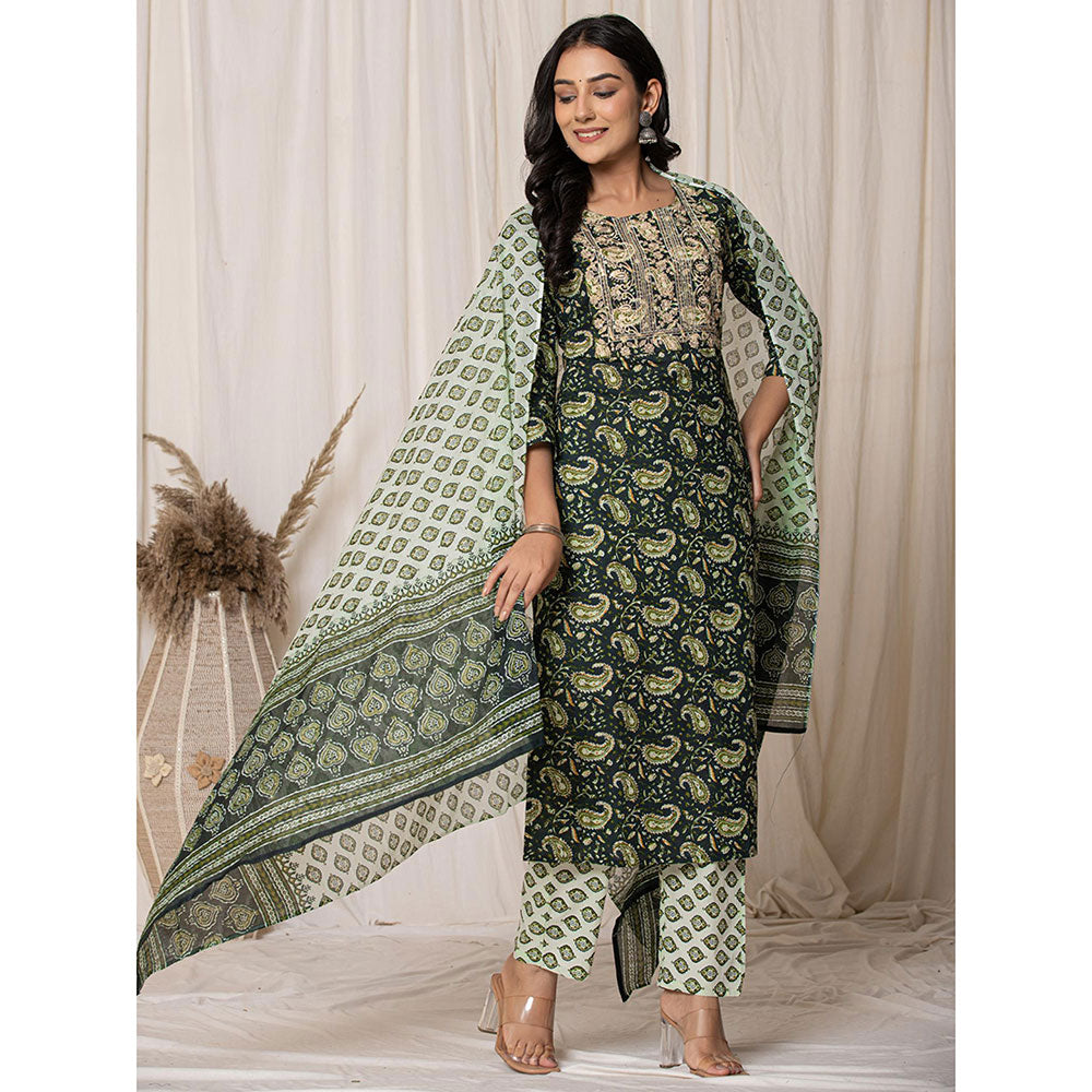 Yufta Green Paisley Pure Cotton Straight Kurta and Pant with Dupatta (Set of 3)