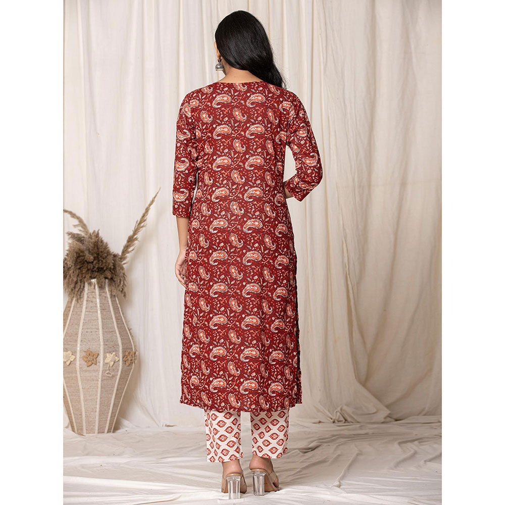 Yufta Maroon Paisley Pure Cotton Straight Kurta and Pant with Dupatta (Set of 3)