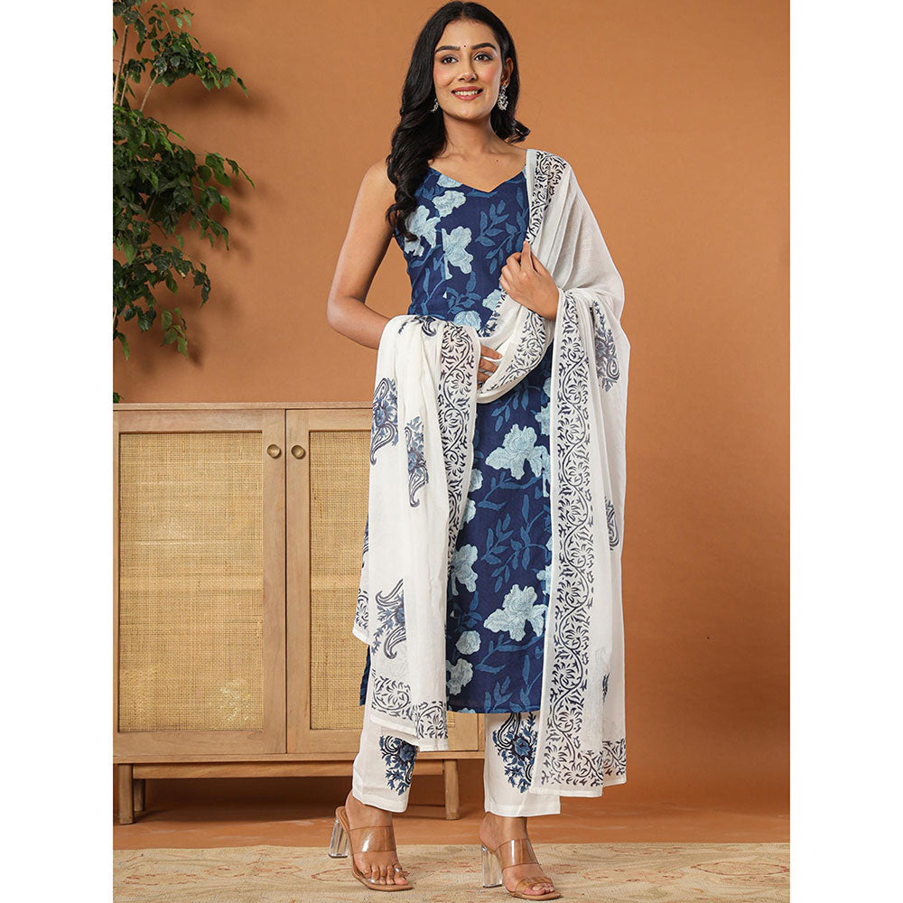 Yufta Navy Blue Cotton Strappy Block Print Kurta with Dupatta and Pant (Set of 3)