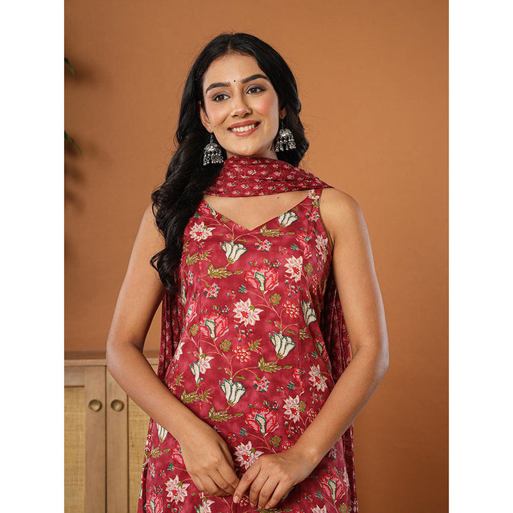 Yufta Burgundy Cotton Sleeveless Kurta with Dupatta and Pant (Set of 3)