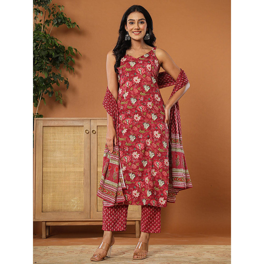 Yufta Burgundy Cotton Sleeveless Kurta with Dupatta and Pant (Set of 3)