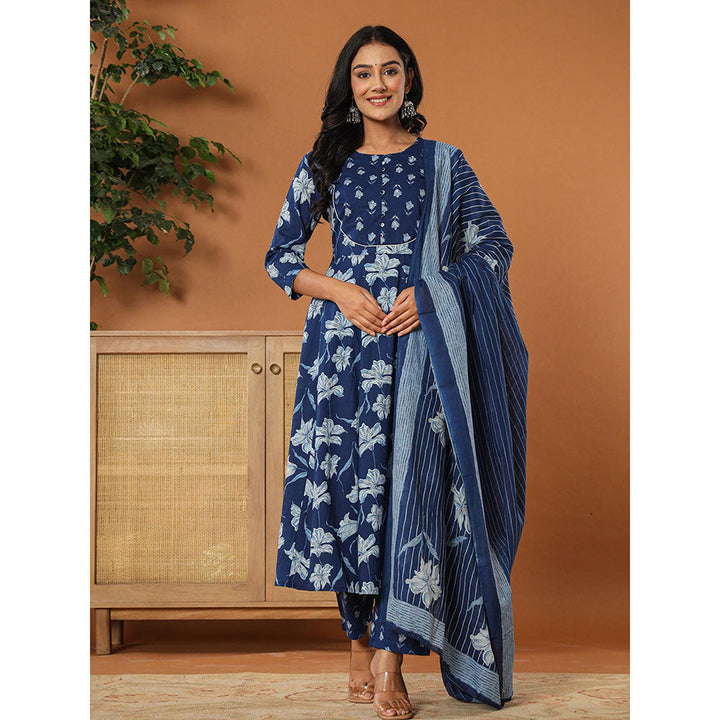 Yufta Cotton Navy Blue Anarkali Kurta with Pant & Dupatta (Set of 3)