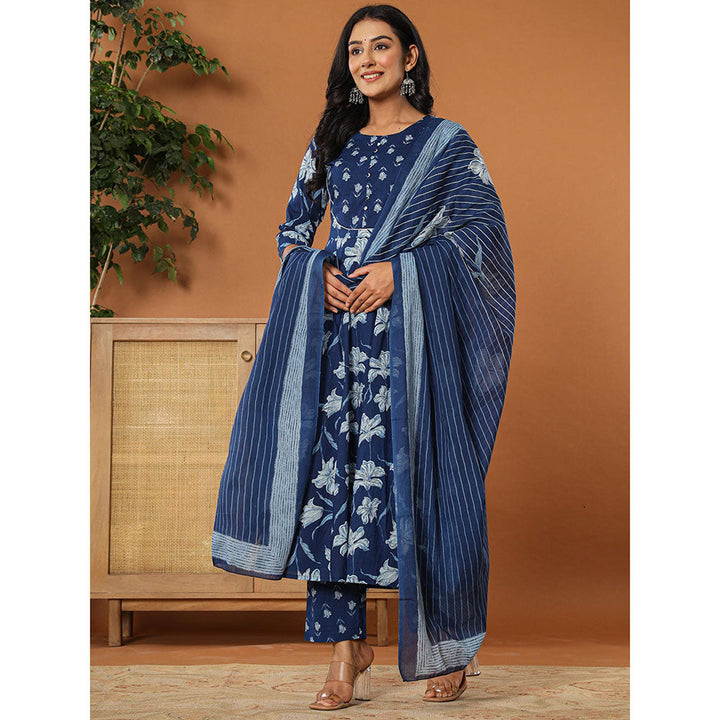 Yufta Cotton Navy Blue Anarkali Kurta with Pant & Dupatta (Set of 3)