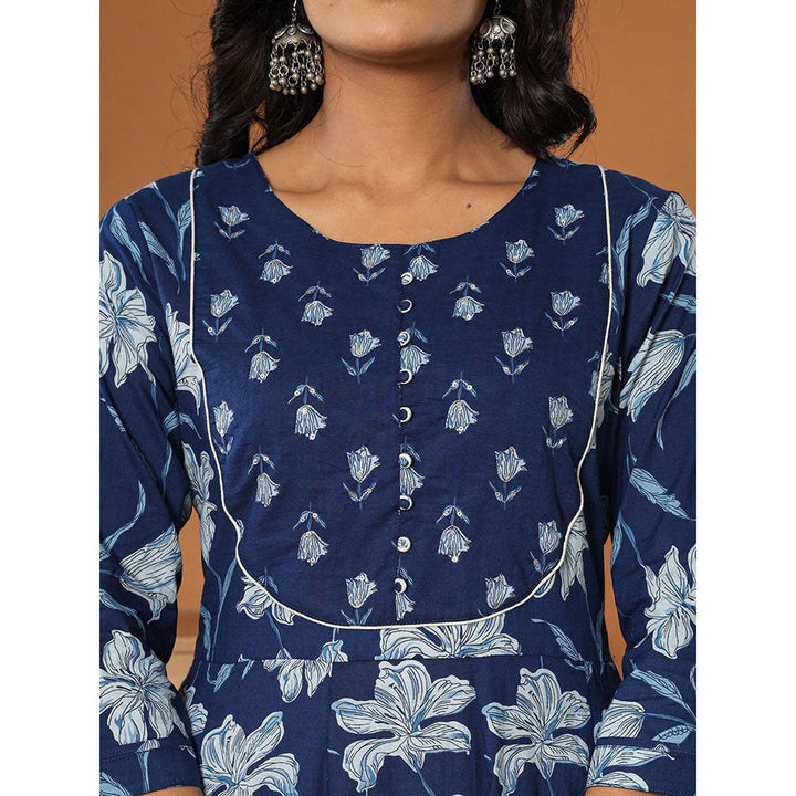 Yufta Cotton Navy Blue Anarkali Kurta with Pant & Dupatta (Set of 3)