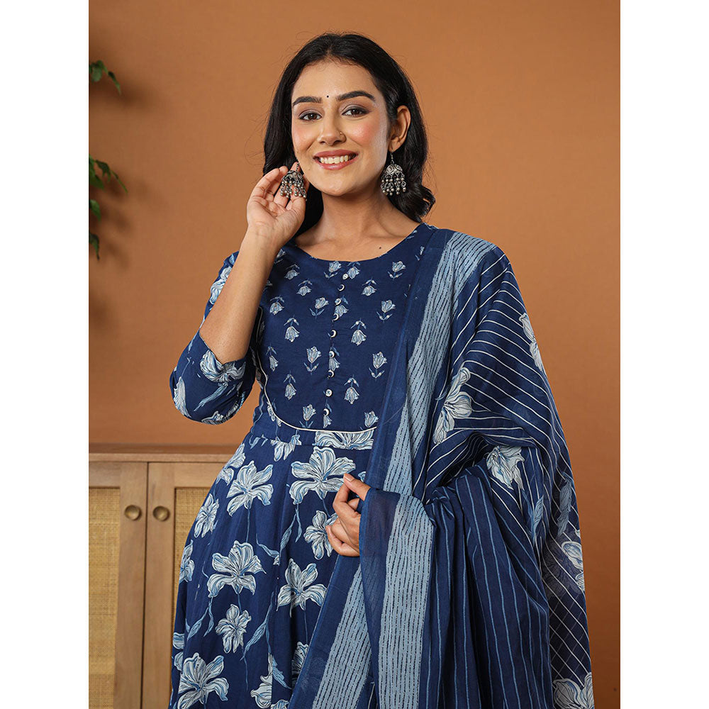 Yufta Cotton Navy Blue Anarkali Kurta with Pant & Dupatta (Set of 3)