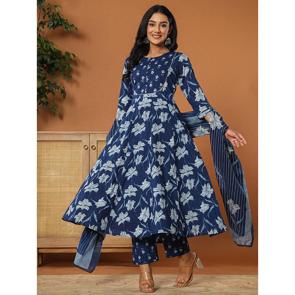 Yufta Cotton Navy Blue Anarkali Kurta with Pant & Dupatta (Set of 3)