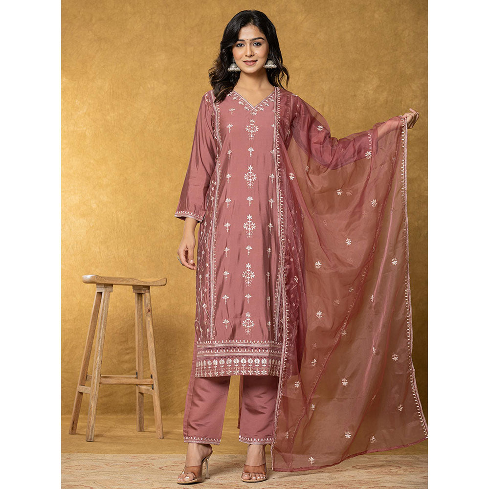 Yufta Mauve Silk Kurta with Dupatta and Pant (Set of 3)