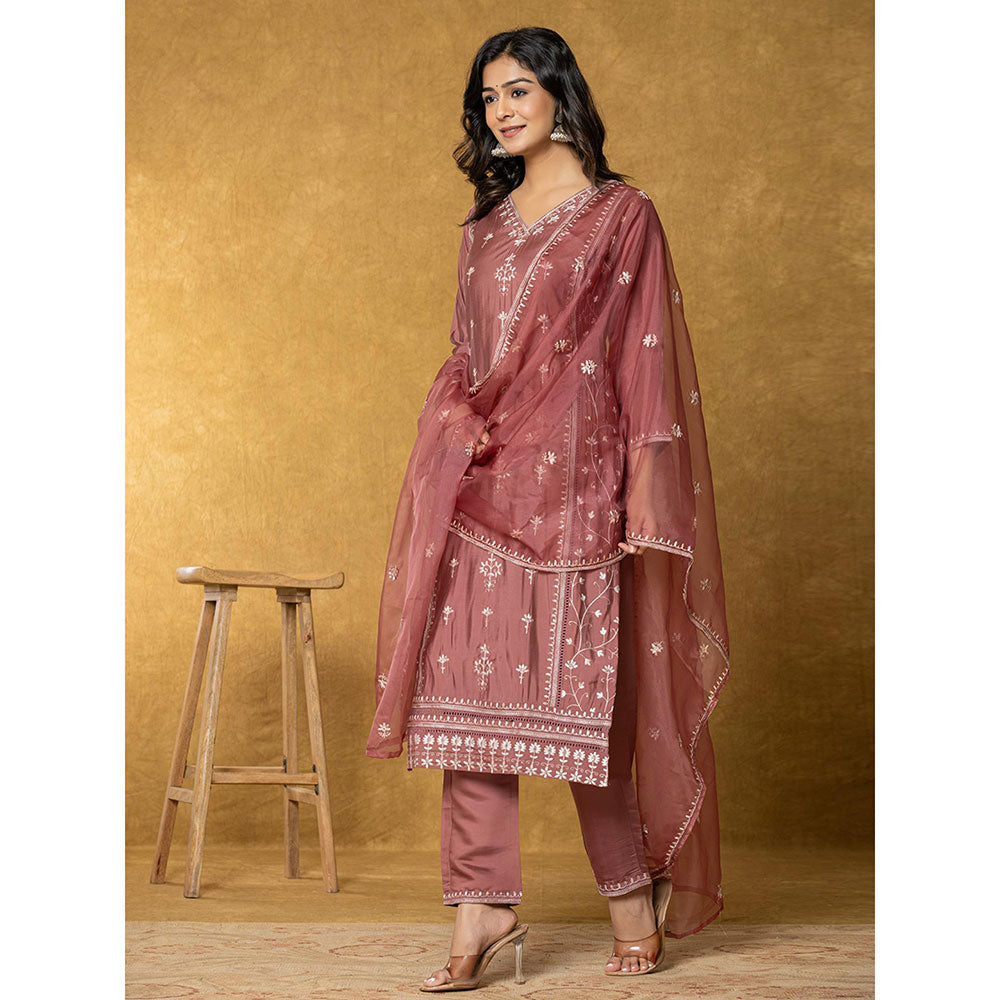 Yufta Mauve Silk Kurta with Dupatta and Pant (Set of 3)