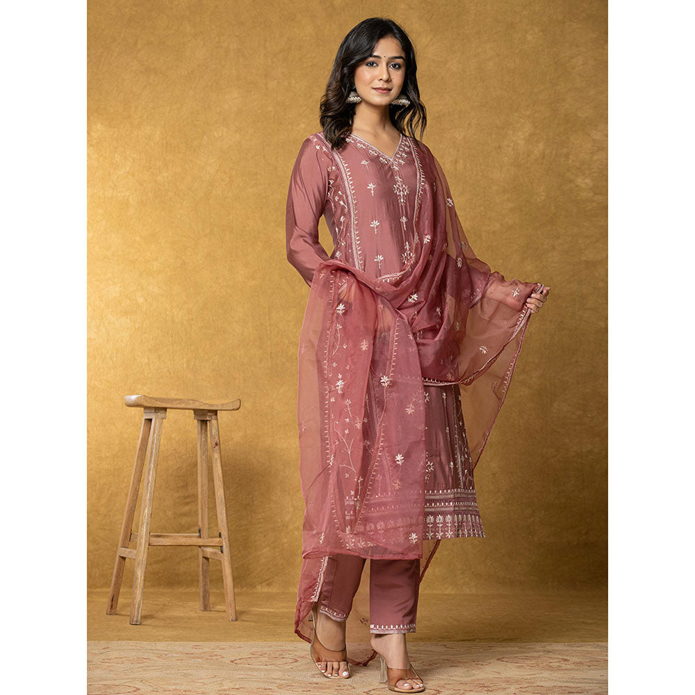 Yufta Mauve Silk Kurta with Dupatta and Pant (Set of 3)